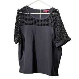 Curve Revolution Black Lace Sleeve/Front Back Zip Roll Sleeve Top Womens Sz 2X